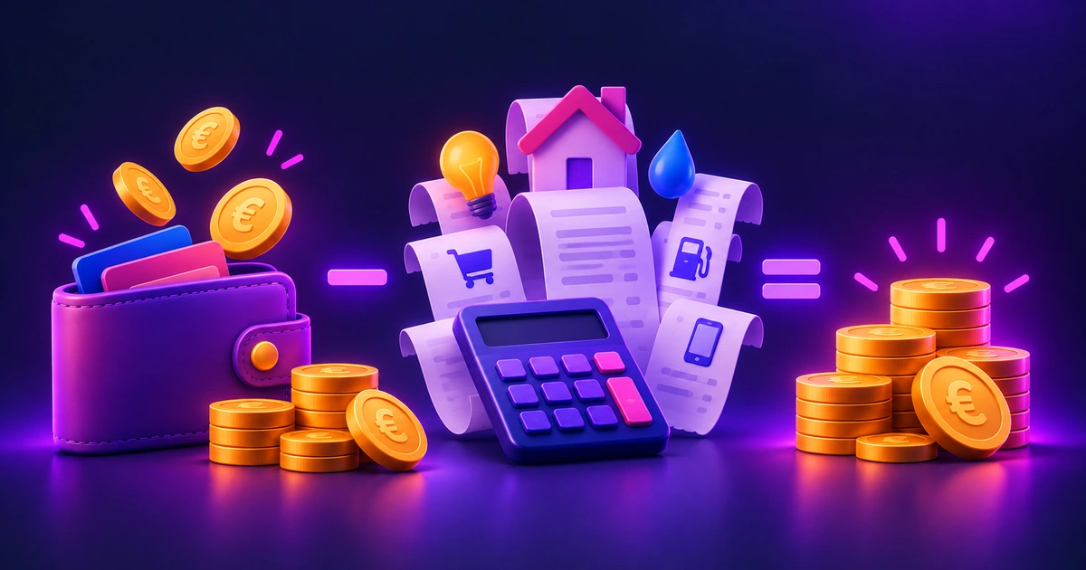 Illustration d’un calcul du reste à vivre avec portefeuille, dépenses courantes, calculatrice et pièces en euros.