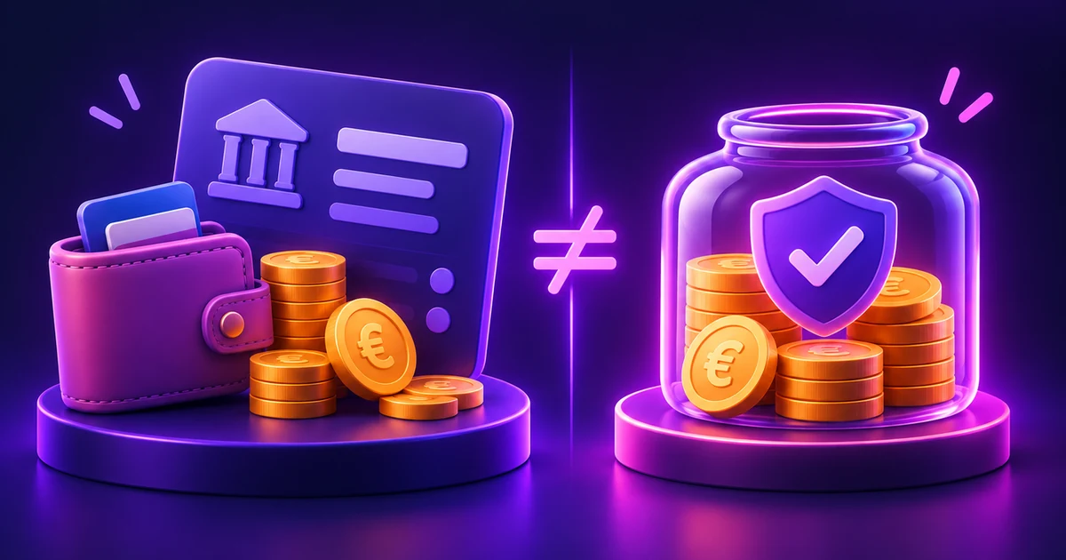 Illustration comparant le solde bancaire à l’argent réellement disponible à l’aide d’un portefeuille, d’un compte bancaire et d’une réserve d’argent.