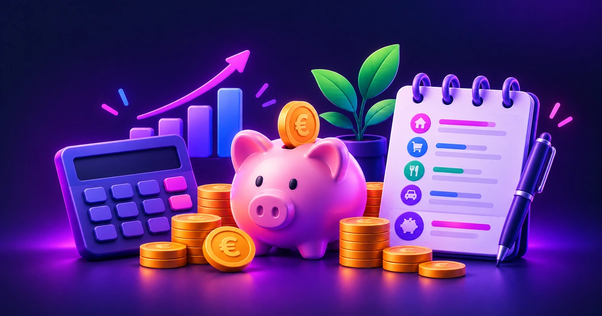 Illustration d’une capacité d’épargne mensuelle avec tirelire, calculatrice, catégories de dépenses, graphique en hausse et pièces en euros.