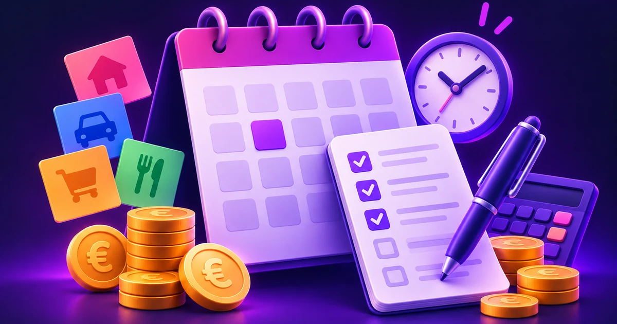 Illustration d’un budget mensuel organisé avec calendrier, checklist, catégories de dépenses, pièces en euros et horloge.