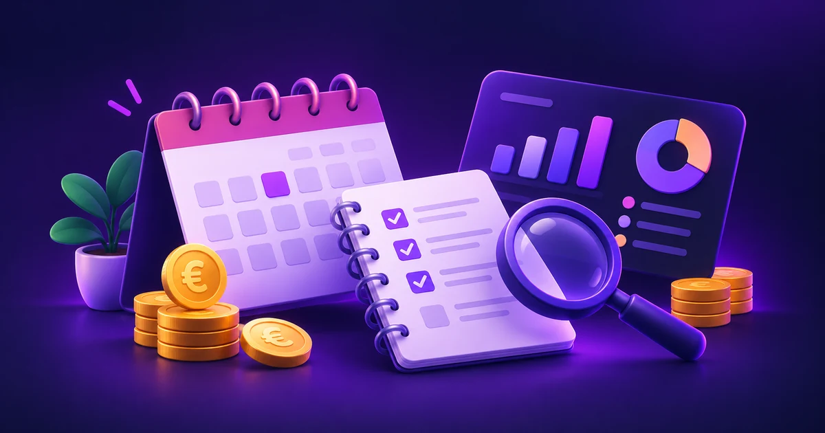 Illustration d’un bilan financier de fin de mois avec calendrier, checklist, graphiques et pièces en euros.